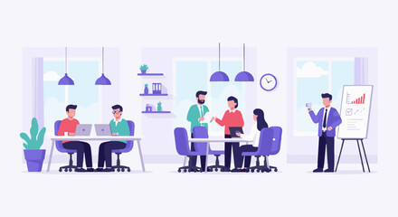 Fototapeta premium Diverse colleagues collaborate in modern office spaces, discussing work