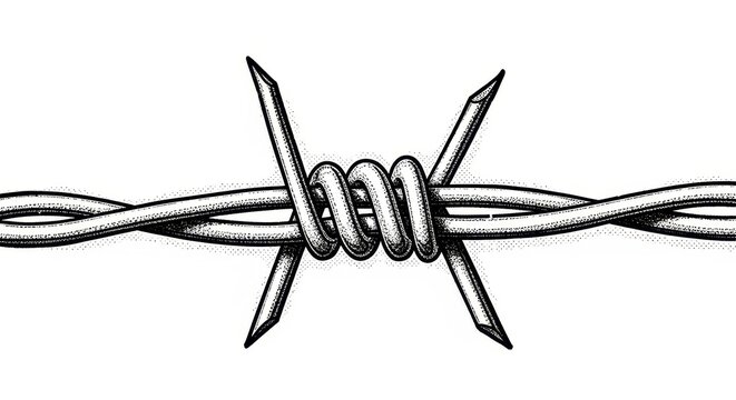 Barbed Wire Close-Up - A Detailed Illustration of a Single Strand of Barbed Wire, Emphasizing Its Sharp Thorns and Twisted Design on a White Background.