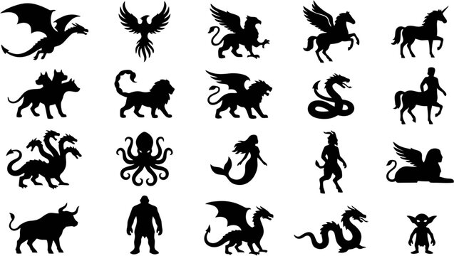 Mega collection of 20 mythical fantasy creature silhouettes solid black shapes vector