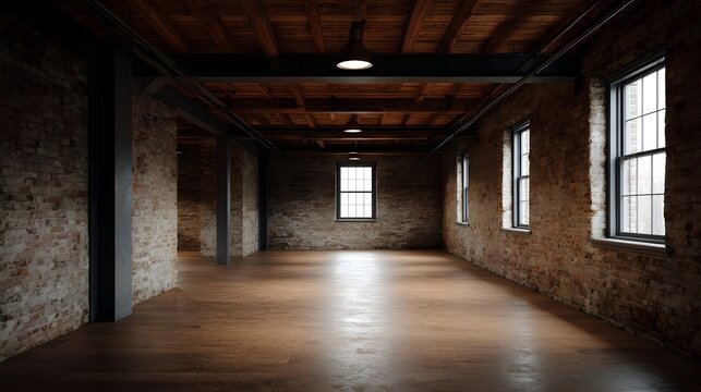 Spacious industrial loft interior with exposed brick walls wooden ceiling and concrete floor