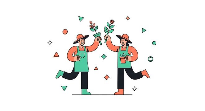 Two people high fiving with flowers.