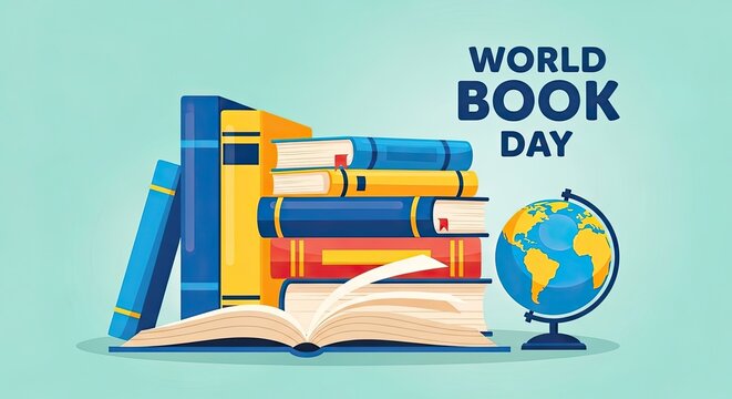 World Book Day Flat Illustration with Stack of Books and Earth Globe