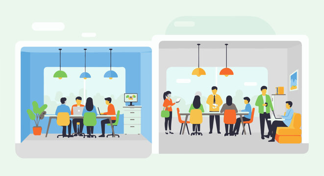 A split-screen illustration depicts two office spaces with people working and collaborating in modern settings