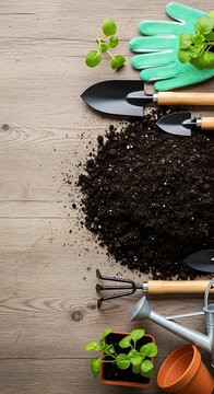 Vertical flat lay of garden tools, soil, and young plants for home planting on wooden surface