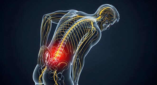 Sciatica nerve pain and lower back injury. Spinal disc herniation and orthopedic surgery. Male silhouette showing glowing red nervous system pathways and lumbar spine inflammation
