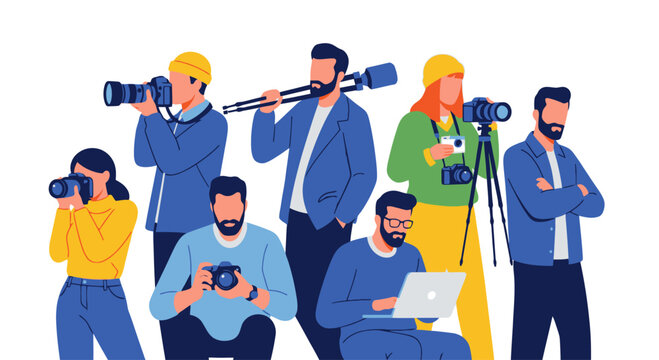 Diverse group of photographers and videographers with cameras and equipment