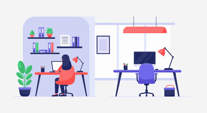 Two minimalist home office setups with desks, computers, chairs, and shelving