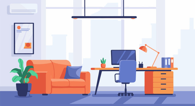 Brightly lit office interior with a cozy orange sofa, a functional desk setup, and large windows