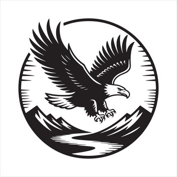 Flying Bald Eagle over Mountains and River