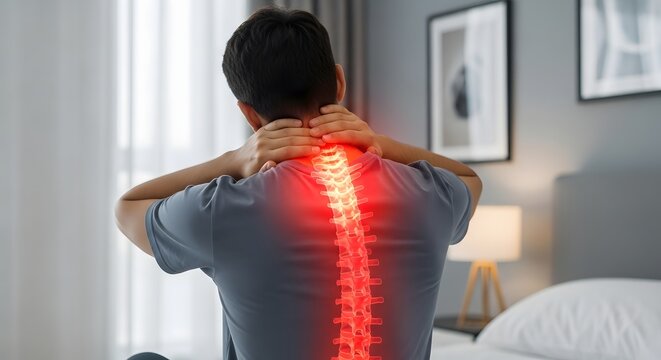 Back pain and spinal cord injury treatment. Chiropractic care and posture correction. Man sitting on bed holding neck and back with glowing spine illustration
