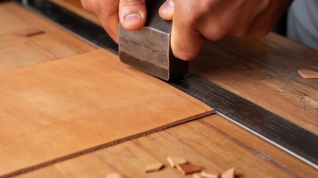 Leather belt strap cutting from hide on workshop table.
