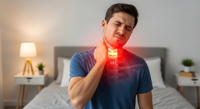 Neck pain and cervical spine inflammation. Thyroid health and throat discomfort. Man holding his neck in pain with glowing vertebrae and anatomical highlight