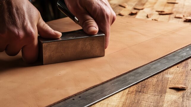 Leather belt strap cutting from hide on workshop table.
