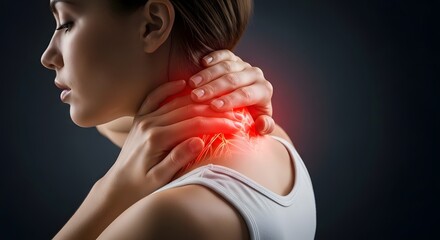 Obraz premium Woman suffering from neck pain and cervical strain. Healthcare and stress management. Female patient touching her sore neck with highlighted red nerve anatomy