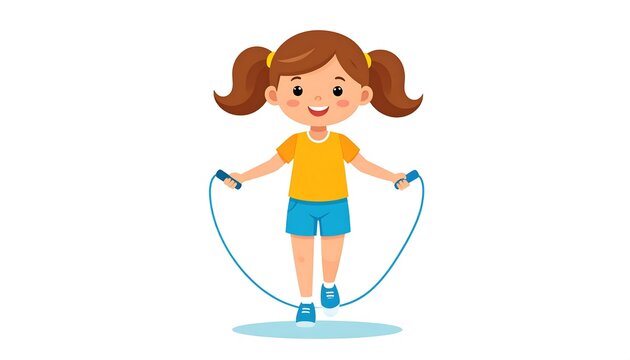 A cheerful illustration depicts a young girl with brown pigtails and a bright smile, skipping rope against a white backdrop. She wears athletic attire