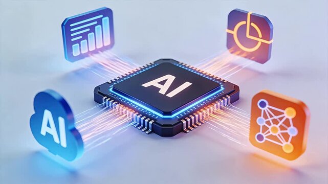 AI chip connected to data icons and network lines on gray background
