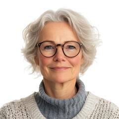Fototapeta premium Elderly woman with short gray hair and glasses, smiling warmly and wearing a cozy sweater, studio portrait