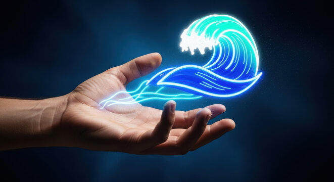 Hand holding glowing blue wave, futuristic technology concept