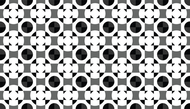 Abstract black and white geometric seamless pattern with circles and squares in Op Art style