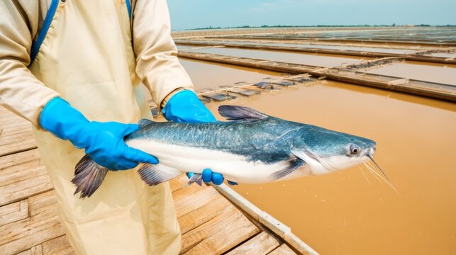 A fish farm worker holding a pangasius fish.