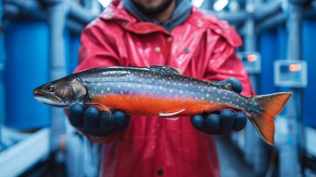 A fish farm worker holding an arctic char fish.