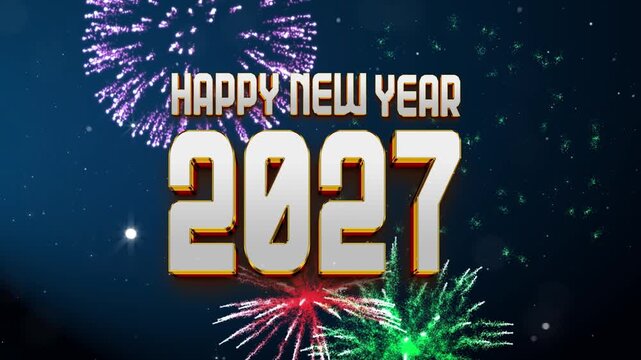 4K Horizontal New Year 2027 Cinematic Celebration. Explosive Colorful Fireworks with Large Typography and Festive Greeting.
