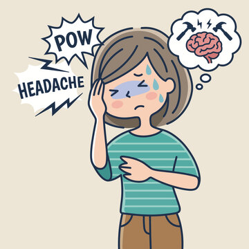 An illustration showing a distressed girl with a headache, expressing discomfort and emotional strain, highlighting the common challenge of managing pain in daily life situations.