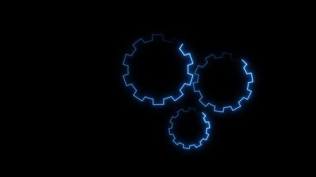 Glowing neon line setting icon with spinning gears icon animated. Neon Glowing blue Gear Icon on Dark Background Technical concept and networking concept.gear icon animation on black background.