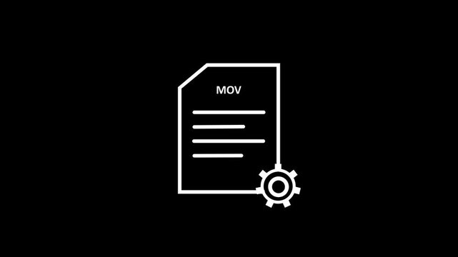 Minimal MOV file document icon animation for UI UX, web and mobile app interface, white outline on black background, loop ready.