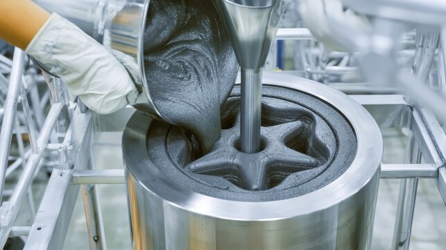 Rocket fuel grain casting process in composite propellant facility.