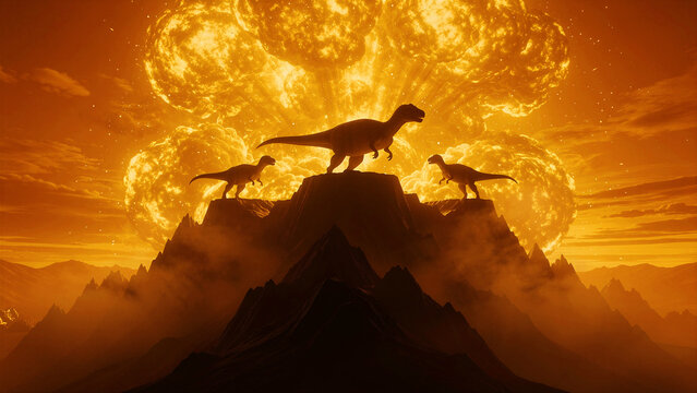 Three powerful dinosaurs standing on the rugged peaks of a high mountain range create a dramatic and intense prehistoric scene showcasing their impressive silhouettes while they remain poised...