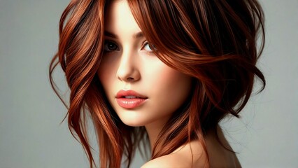 Fototapeta premium Woman With Auburn Hair And Subtle Makeup Portrait On White Background