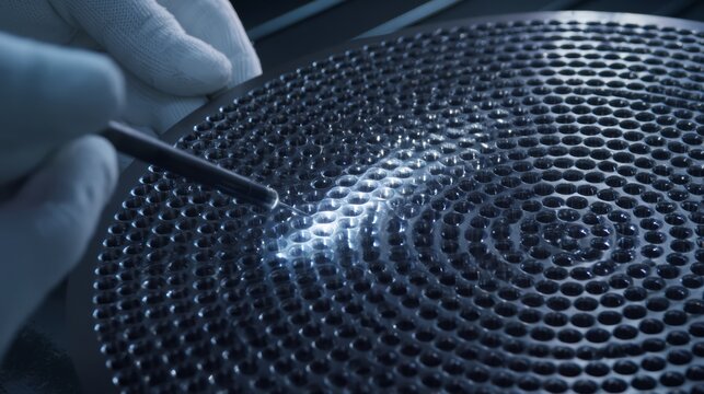 A rocket engine injector plate drilling and inspection.