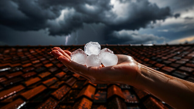 A human hand holds several large jagged pieces of clear frozen hail that have fallen during a severe weather event showing the translucent texture and icy physical properties of these dangerous