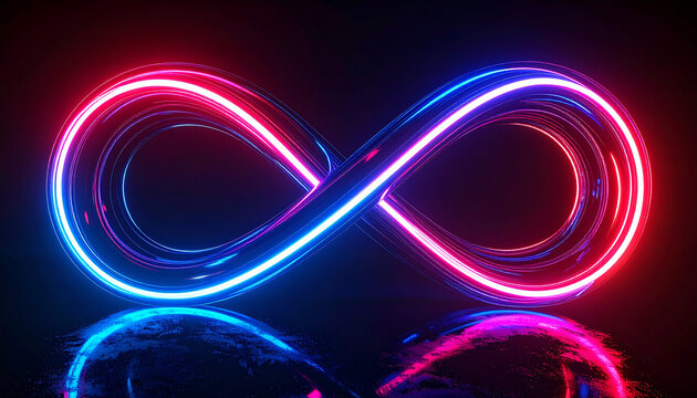 Futuristic neon infinity loop glowing with vibrant blue and red hues, floating in deep black void, glowing edges and reflections, 3D sci-fi aesthetic