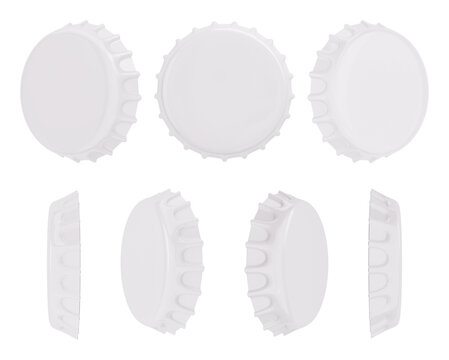 A clean and minimalist set of blank white crown cork bottle caps displayed in versatile top and side profile angles. 3D rendered mockup.