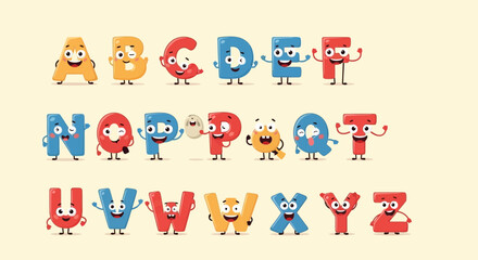 Fototapeta premium Colorful vector alphabet set for kids cartoon illustration pattern icons and seamless design with fun animal and symbol characters