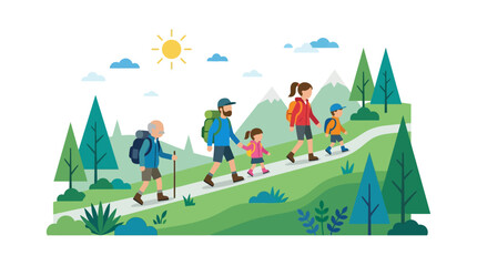 Naklejka premium Happy Multi-Generational Family with Grandfather, Parents, and Children Hiking in Mountains, Outdoor Activity Vector Illustration