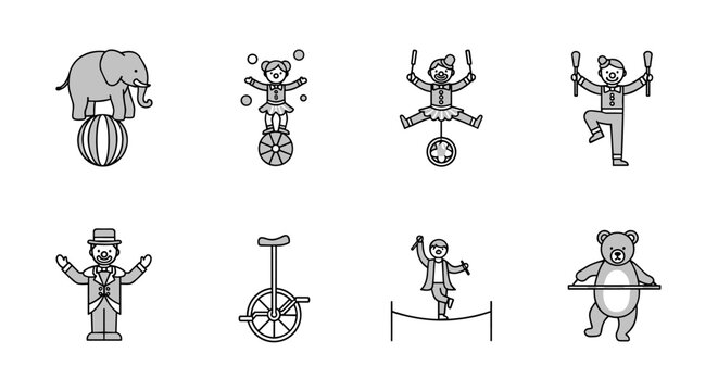 Collection of circus performers and animals in a simple, clean line art style