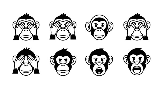 Three wise monkeys icons showing different expressions and actions