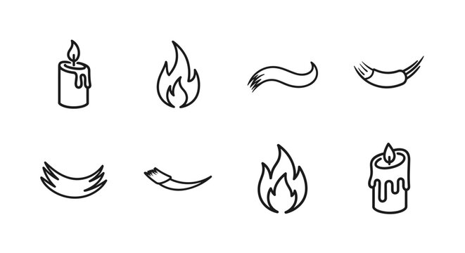 Collection of simple line art icons representing flames and candles
