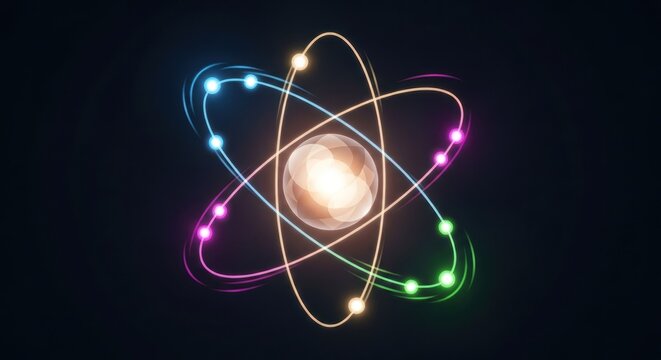 A colorful atom model with a glowing nucleus and electrons in a dark background.