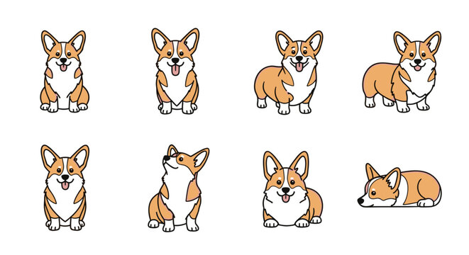 Collection of cute cartoon corgi dogs in various poses and expressions