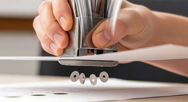 Hole puncher office tool using a person's hand making holes in white paper documents above a desk. featuring document, punching, stationery with work