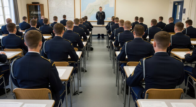 Military Cadet Training: Instructor Addresses Class of Students Seated at Desks in Classroom