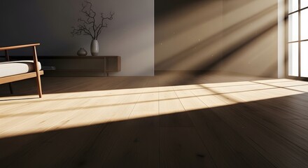 Fototapeta premium Sunlit minimalist bedroom with warm tones and natural light