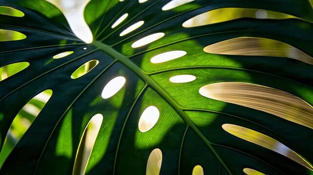 Monstera leaf with holes and sunlight in green background