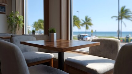 Fototapeta premium Cafe interior with a stunning tropical beach view and ocean vista