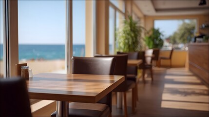 Fototapeta premium A bright and modern cafe interior offering a serene panoramic view of the blue ocean and beach through large evoking a sense of relaxation