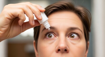 Naklejka premium A woman applying eye drops to her eyes.